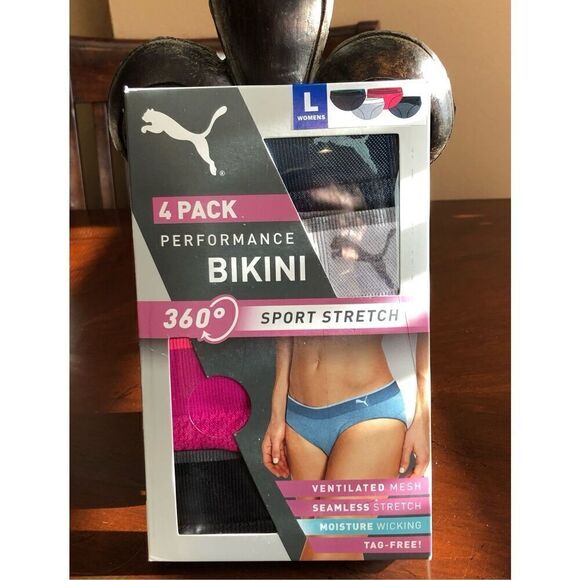 PUMA - NWT - L Sz Lg 4-Pack Performance Bikini/Blue, Grey, Pink & Black/Unopened - Picture 6 of 11